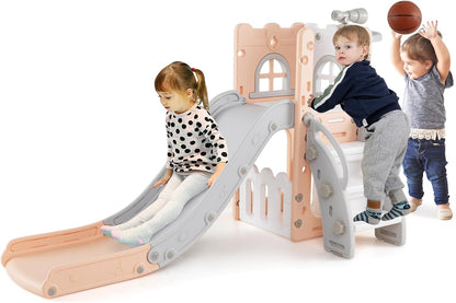 BABY JOY Toddler Slide, 6-in-1 Indoor Kids Slide Playset with Basketball Hoop, Telescope, Climbing Ladder & Storage Space, Freestanding Playhouse & Climber for Kids Aged 1-3 (Pink)