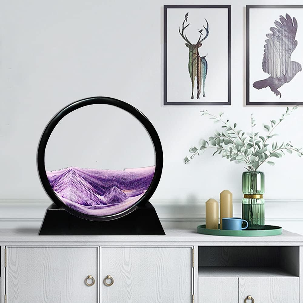 Muyan Moving Sand Art Picture Sandscapes in Motion Round Glass 3D Deep Sea Sand Art for Adult Kid Large Desktop Art Toys (Purple, 7 Inch)