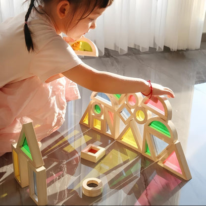 Rainbow Sensory Toys Blocks,15 Pcs Large Wooden Building Blocks for Toddlers Baby Kids,Colorful Geometric Stacking Toys, Preschool Educational Toy Set