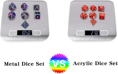 DnDnD Heavy Polyhedral Metal Dice Set with Metal Box, 7-die Shiny Blue Surface with Golden Number for RPG,Dungeons and Dragons,Pathfinder,Shadowrun,D&D,Role Palying Game and Math Teaching - Colors A