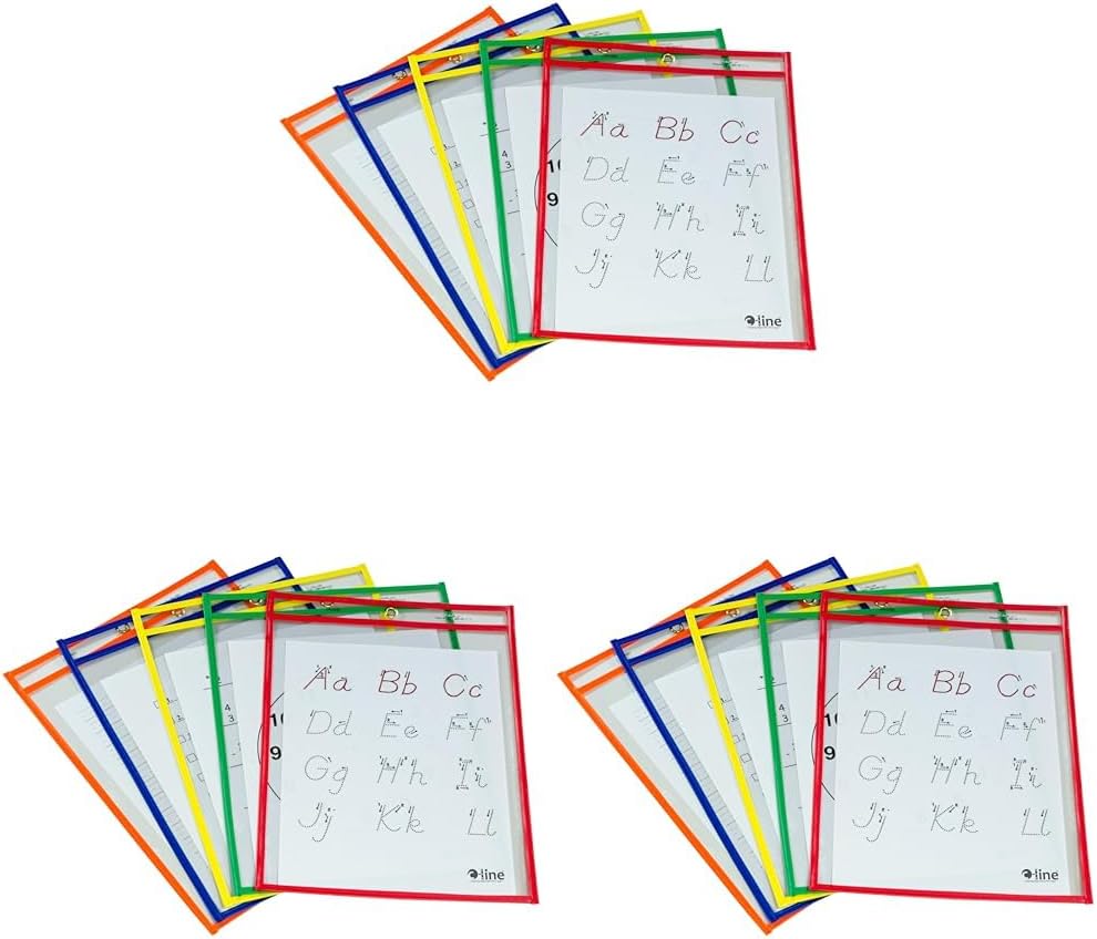 C-Line Reusable Dry Erase Pockets, 9 x 12 Inches, Assorted Neon Colors, 25 Pockets per Pack (40820)