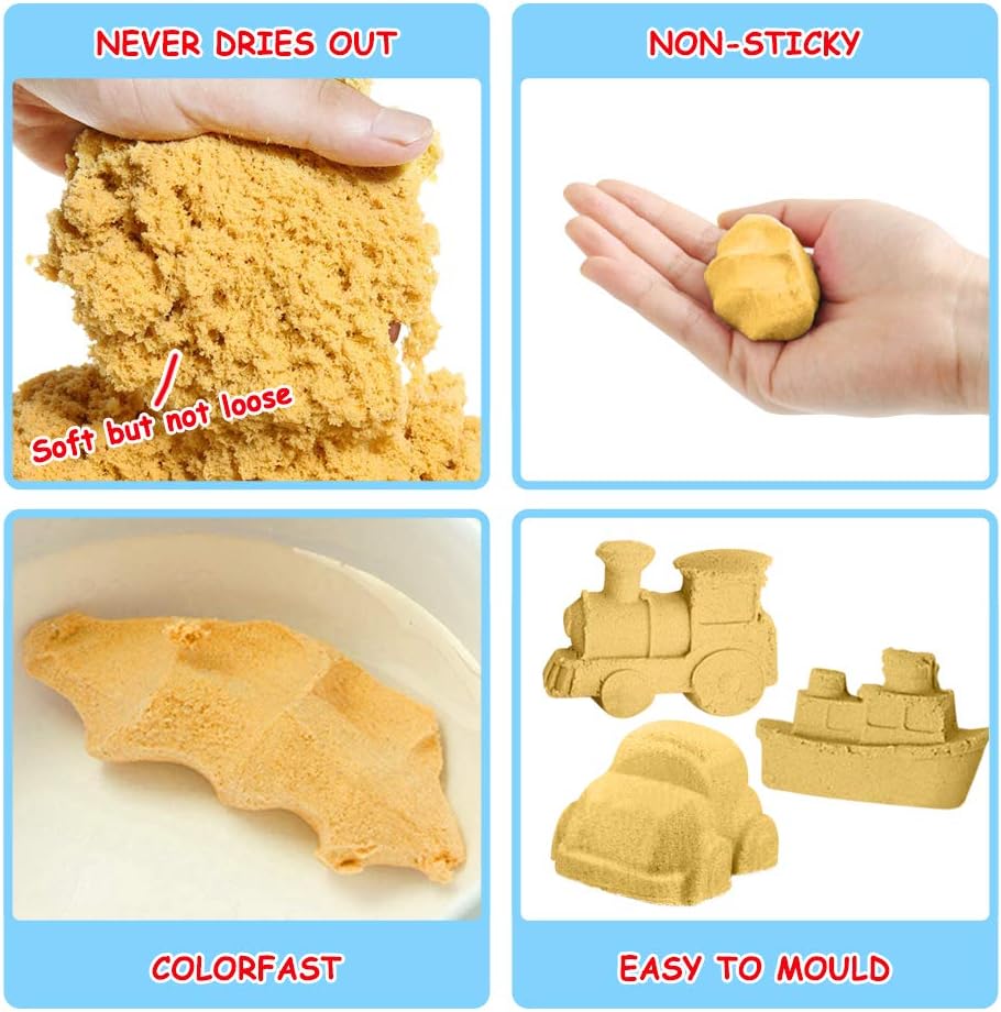 ESSENSON Play Construction Sand Kit - 3lbs Sand with 2 Colors, 6 Mini Construction Trucks, Construction Toys and Signs, Animal Mold, Modeling Tools, Foldable Sandbox, Gifts for Boys Girls