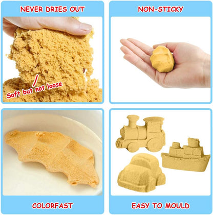 ESSENSON Play Construction Sand Kit - 3lbs Sand with 2 Colors, 6 Mini Construction Trucks, Construction Toys and Signs, Animal Mold, Modeling Tools, Foldable Sandbox, Gifts for Boys Girls
