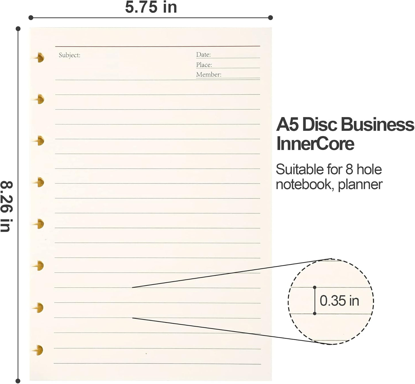 Discbound Notebook Refills for 11 Discs Notebooks 8.6 in x 12 in Letter Size 120 Sheets Multi-Subject Project Lined Pages Customizable Removable Pages(100 GSM) Heavyweight Planing Paper
