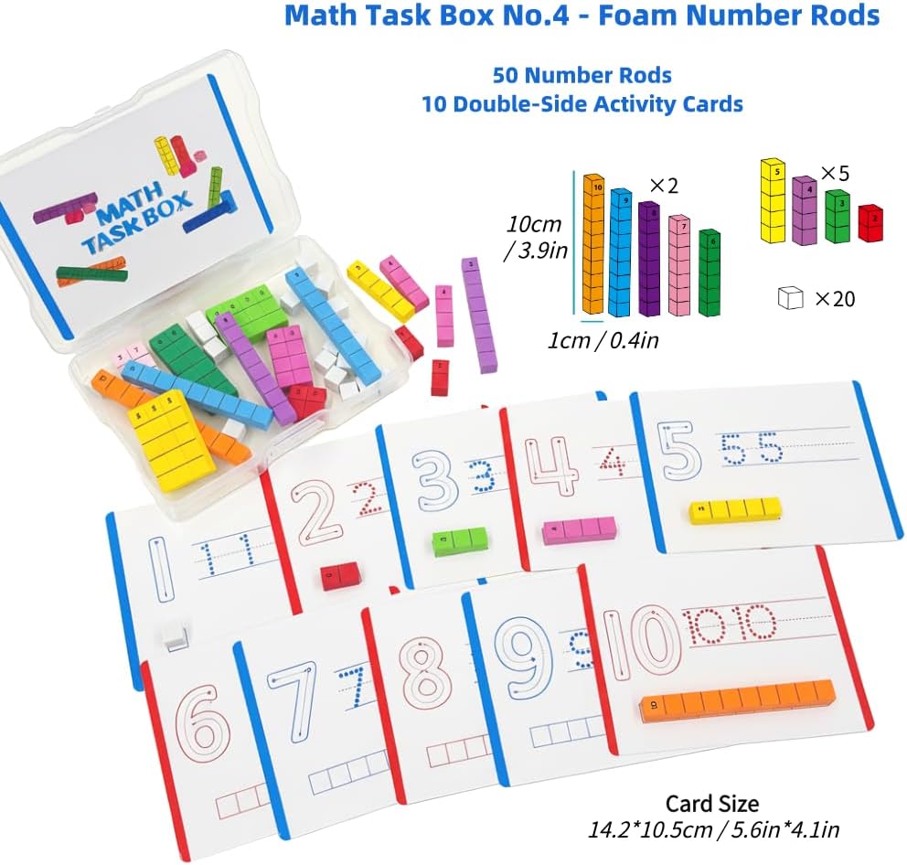Math Task Boxes Set of 5 Math Manipulatives Themes 230+ Pieces of Number Rods, Base Ten Blocks, Ten Frame Disc Counters, Place Value Blocks, 0-9 Numbers, 3D Shapes, Counting Blocks Activity Cards