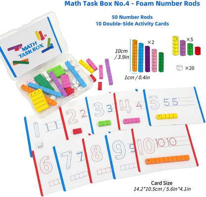 Math Task Boxes Set of 5 Math Manipulatives Themes 230+ Pieces of Number Rods, Base Ten Blocks, Ten Frame Disc Counters, Place Value Blocks, 0-9 Numbers, 3D Shapes, Counting Blocks Activity Cards