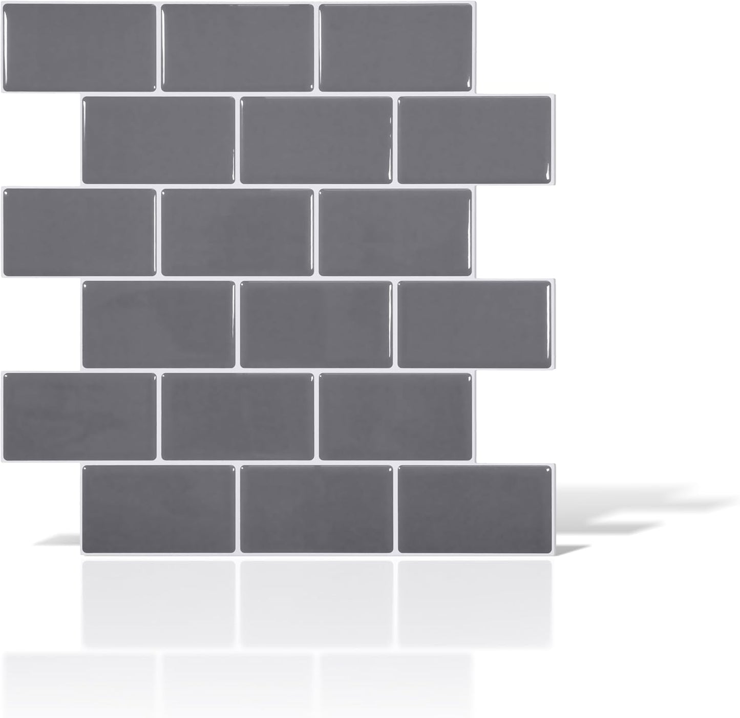 VViViD 11 Sheets Peel and Stick Grey Gloss Faux Ceramic Brick Wall Tiles, Self Adhesive Backsplash 12”x12”, 2mm Thick Kitchen, Bathroom (11 sq. ft.)