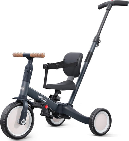 newyoo Toddler Tricycle with Push Handle for 1-3 Year Old, Toddler Bike, Birthday Gift and Toy for Boys and Girls, 5 in 1 Kids Trike, Balance Bike with Backrest and Safety Belt, Khaki, TR007