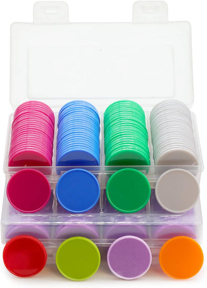 Set of 100 Opaque Plastic Learning Counters Mini Poker Chips Game Tokens with Storage Box (Black+White+Blue+Purple, 1 Inch)