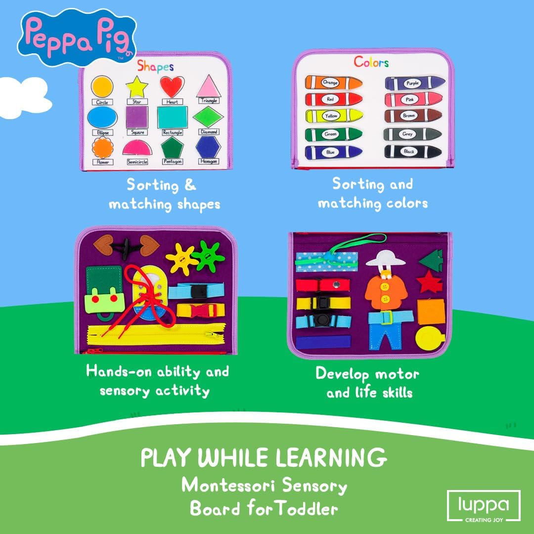 Peppa Pig Toddler Busy Board – Montessori toys for 1 2 3 4 Year Old, Educational Activity Sensory Board for Preschool Learning Fine Motor Skills, Gift Toys for Boys Girls, Airplane Car Travel Toy