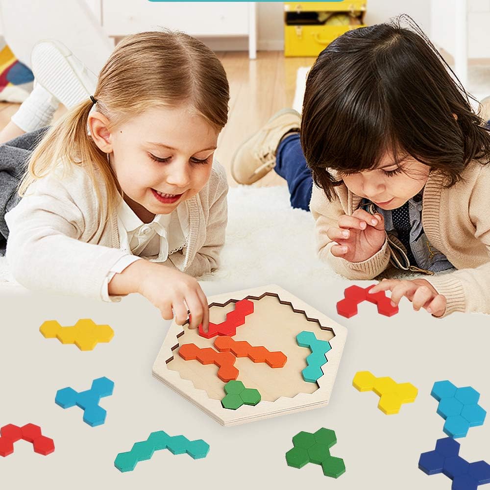Skrtuan 5 Pack Wooden Puzzles Set - STEM Montessori Educational Board Games and Logic Traning Brain Teaser Geometric Shapes Tangram Puzzle Games for Kids Ages 3+