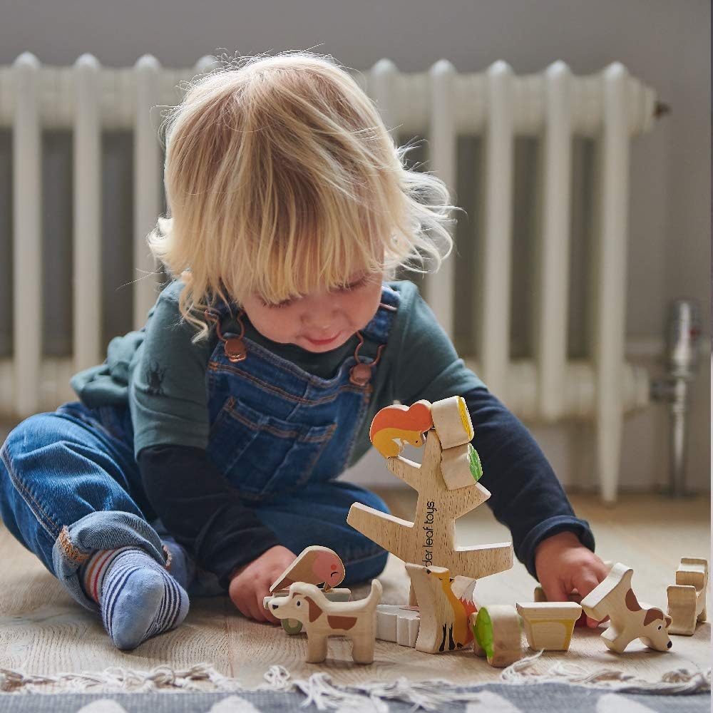 Tender Leaf Toys - Stacking Garden Friends - 14 Pcs Wooden Stacking & Balancing Toy & Educational Game with Free Travel Bag