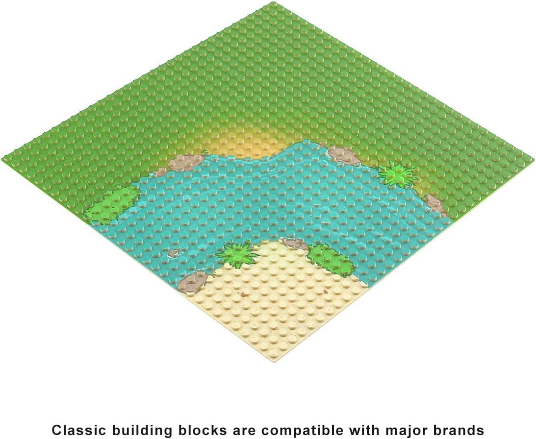 Feleph Classic Baseplate with River and Grassland Pattern, 10 x 10 Inches Base Plates for Building Blocks Mat Compatible with Major Brands (Straight 4 Pieces)