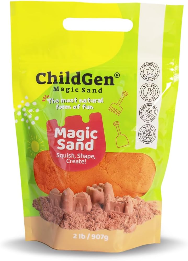ChildGen Magic Sand, 2lbs Natural Sea Sand in Resealable Bag, Non-Toxic Play Sand for Kids, Soft, Moldable, Mess-Free Sensory Play (Green)
