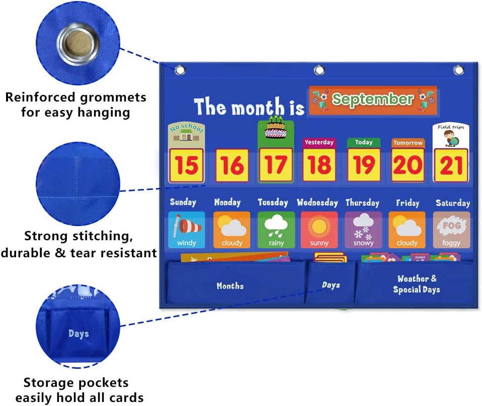Weekly Calendar with Weather Pocket Chart Elementary for Classroom Home,98 Bright Cards Included,Learning Pocket Chart Calendar for Kids Toddlers