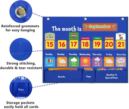 Weekly Calendar with Weather Pocket Chart Elementary for Classroom Home,98 Bright Cards Included,Learning Pocket Chart Calendar for Kids Toddlers