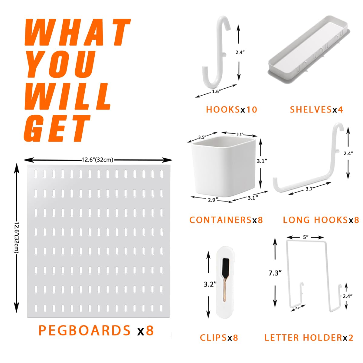 Peg Board Combination Kit, 4 Pegboards with 20 Accessories, Pegboard Wall Organizer for Office, Nursery & Home Storage, Key Holder, 25.6"x25.6" – Nail-Free Installation（White）
