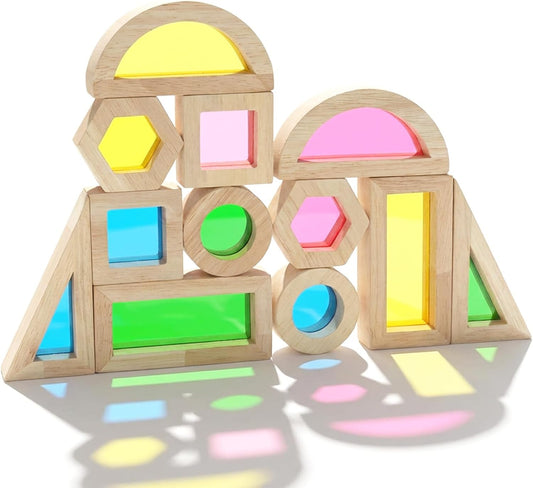 WOODENFUN Wood Building Blocks Set for Kids, 32 Pcs Rainbow Stacker Stacking Game Construction Toys Set Preschool Colorful Learning Educational Toys, Geometry Wooden Blocks for Boys Girls