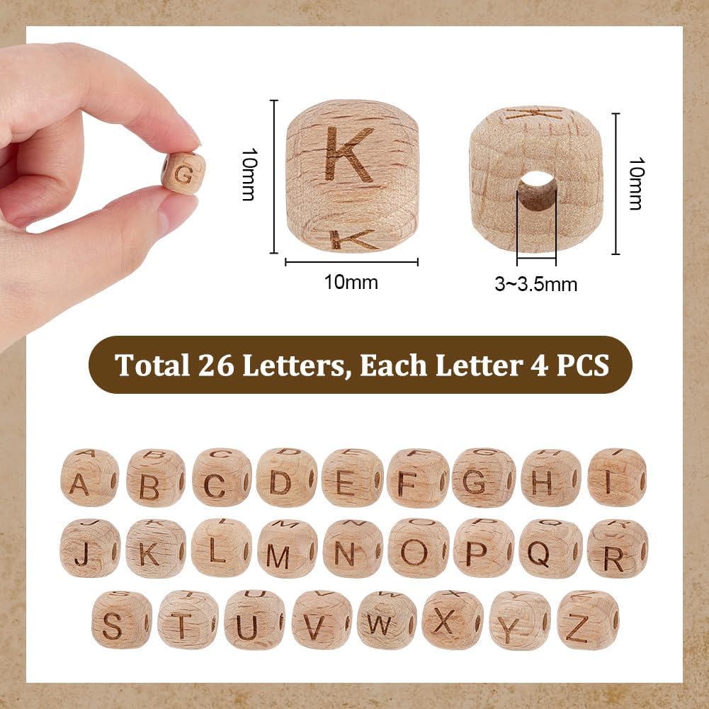 PH PandaHall 104pcs Alphabet Wooden Beads, 10mm Flat Round Letter Beads Natural Wooden Flat Bead Wood Loose Bead for DIY Crafts Jewelry Making, Hole 3~3.5mm