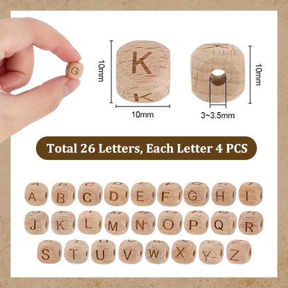 PH PandaHall 104pcs Alphabet Wooden Beads, 10mm Flat Round Letter Beads Natural Wooden Flat Bead Wood Loose Bead for DIY Crafts Jewelry Making, Hole 3~3.5mm