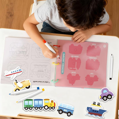 Kids Early Learning Busy Book Activity, Velcro Rip-off Vehicles and Coloring Fill In (Police Car, Fire Truck, Ambulance, Train, Bus, Cars, Boat, Airplane, Construction Trucks, Taxi) With Coloring Pens