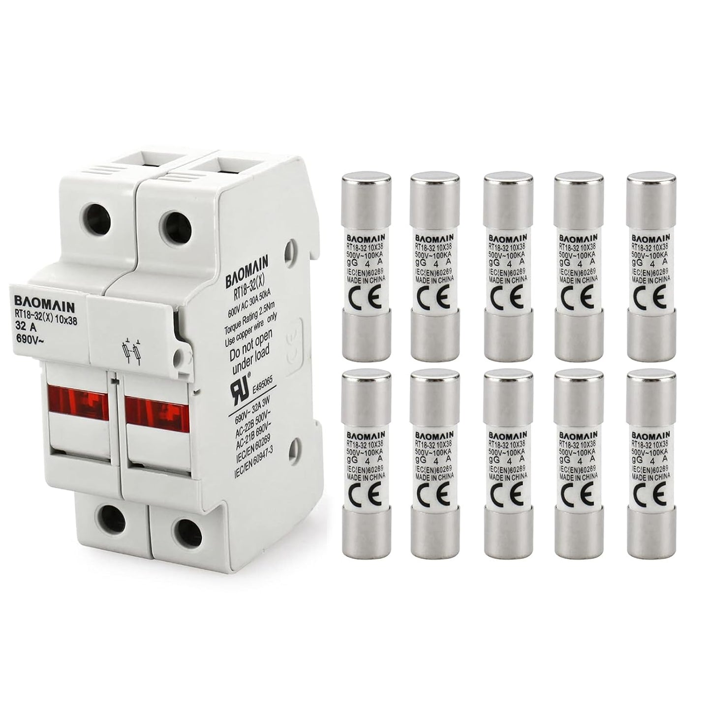 Baomain RT18-32 Fuse Holder Base with 10x20A Ceramic Fuses (10x38mm) – 2 Pole DIN Rail Mount, LED Indicator, CE Certified (20 Amp)