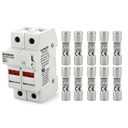Baomain RT18-32 Fuse Holder Base with 10x20A Ceramic Fuses (10x38mm) – 2 Pole DIN Rail Mount, LED Indicator, CE Certified (20 Amp)