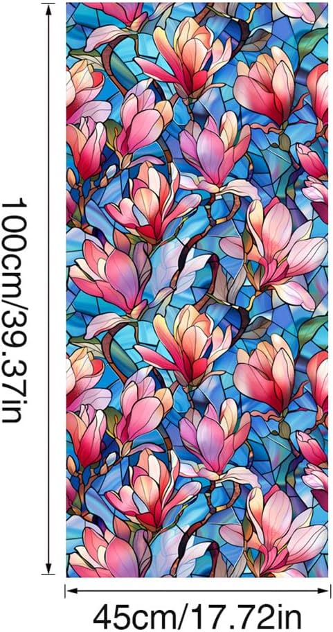 JOONOR Privacy Window Film Stained Glass Window Sticker Non-Adhesive Frosted Glass Film Decorative Magnolia Flower Pattern Static Cling Decals for Home UV Blocking/Heat Insulation 17.7 x 39.4 Inch