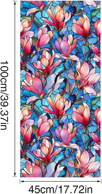 JOONOR Privacy Window Film Stained Glass Window Sticker Non-Adhesive Frosted Glass Film Decorative Magnolia Flower Pattern Static Cling Decals for Home UV Blocking/Heat Insulation 17.7 x 39.4 Inch
