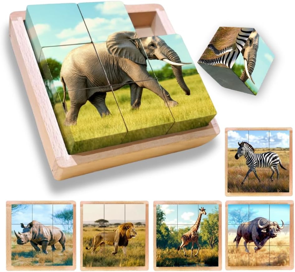 6-in-1 Wooden Animal Puzzle – Montessori Cube Toy for Kids – Realistic Farm Animals Educational Wood Blocks for Toddlers Ages 3–6