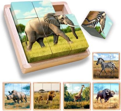 6-in-1 Wooden Animal Puzzle – Montessori Cube Toy for Kids – Realistic Farm Animals Educational Wood Blocks for Toddlers Ages 3–6