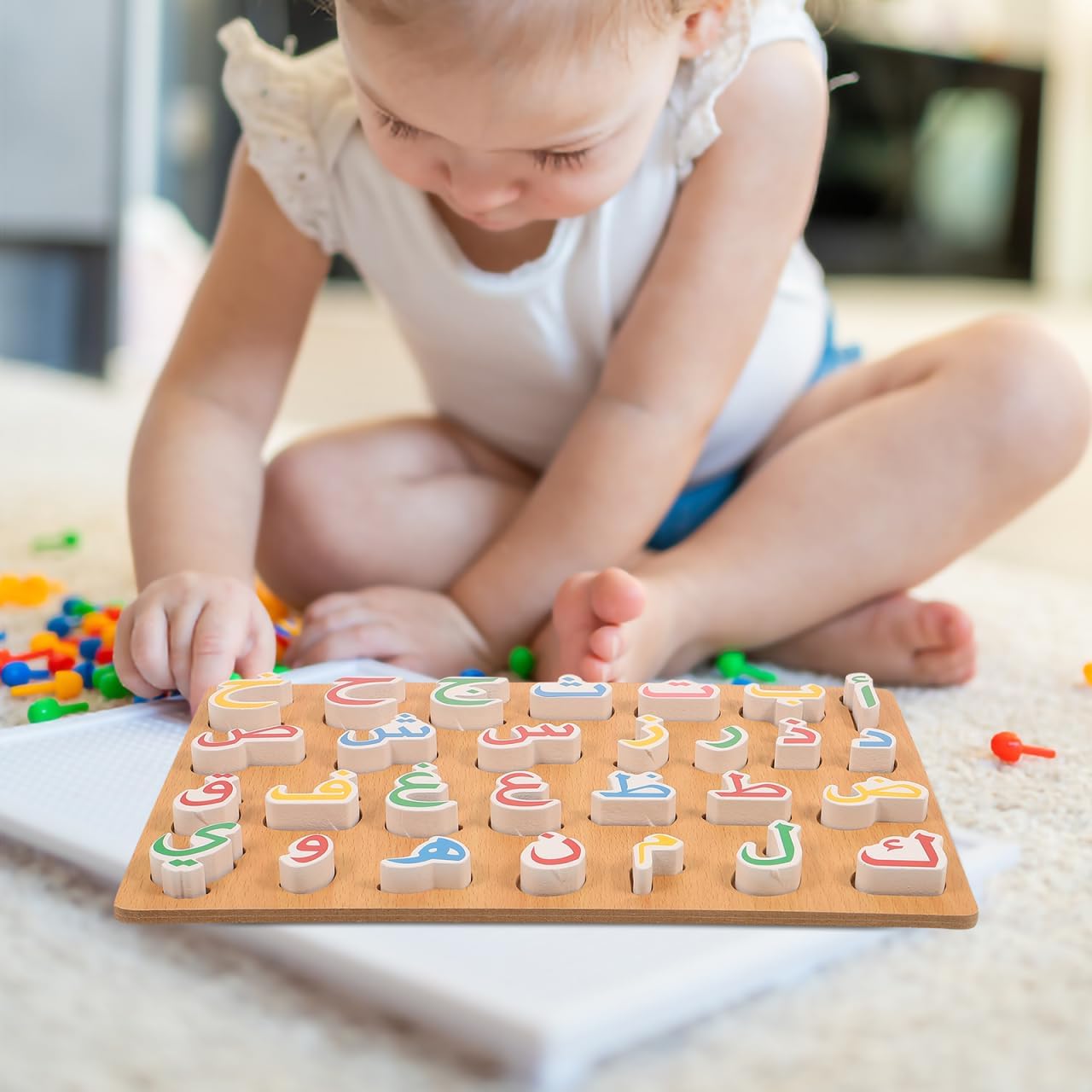 Arabic Alphabet Puzzle Board: Wooden Numbers Letters Words Learning Jigsaw for Montessori Education, Preschool Toddlers Kids Childrens Hand Grip Blocks Game Toys