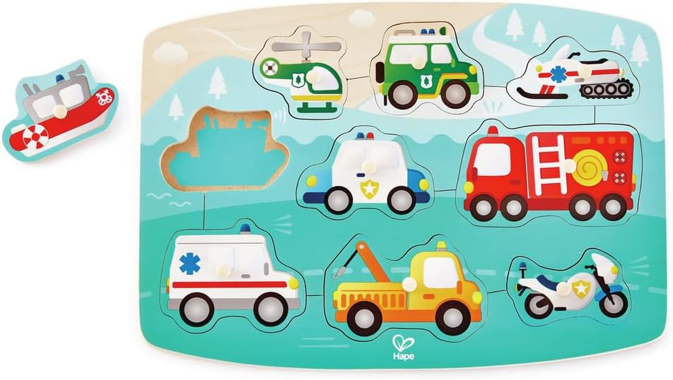 Hape Construction Peg Puzzle| 10 Piece Wooden Peg Jigsaw Puzzle Game, Learning Toy for Toddlers