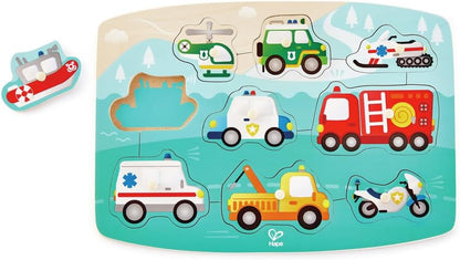 Hape Construction Peg Puzzle| 10 Piece Wooden Peg Jigsaw Puzzle Game, Learning Toy for Toddlers