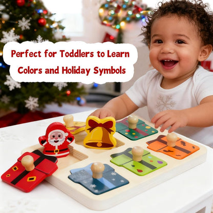 Waybla Stocking Stuffer for Kids - Christmas-Themed Wooden Peg Puzzle for Toddlers 1-3 Years, Montessori Educational Toy and Learning Activity