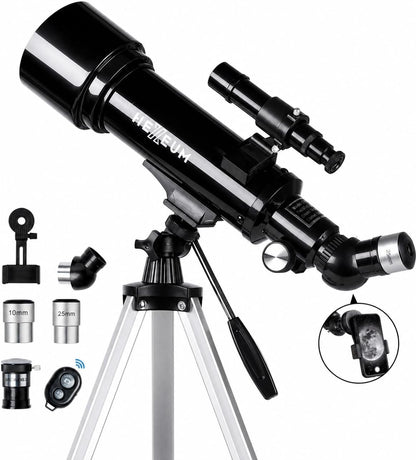 Koolpte Telescope 70mm Aperture 500mm - for Kids & Adults Astronomical Refracting Telescopes AZ Mount Fully Multi-Coated Optics, with Diagonal Mirror Phone Adapter, Carrying Bag, Wireless Remote Black