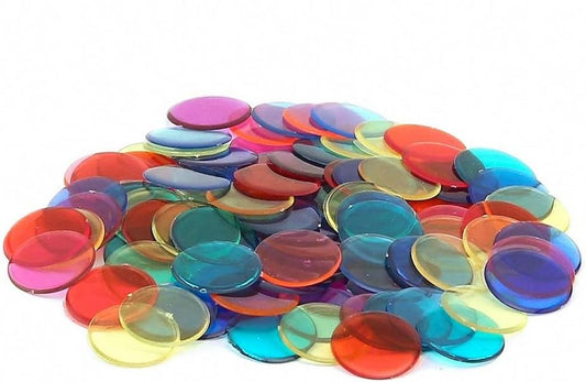 Hygloss Products Colored Bingo Chips - Plastic Color Bingo Supplies Discs for Counting, Game Tokens, Markers - Translucent, 7/8" Diameter, 500 Pack, (59050)