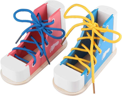 NUOBESTY Shoe Tying Practice for Kids Preschool Learning Toys Learn to Tie Shoes Tying Practice Board Early Educational Developmental Wooden Toy Toddler 2pcs
