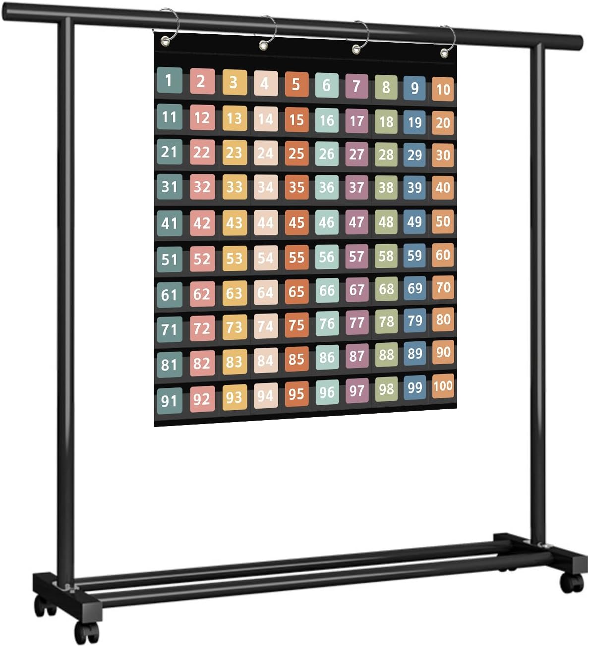 ANCOMEDO Hundred Pocket Chart with 100 Pockets and 150 Pieces Boho Double-Sided Number Cards,Number 1-100 Pocket Chart for Students Classroom Home Counting and Organizer (Black-100 Pockets)
