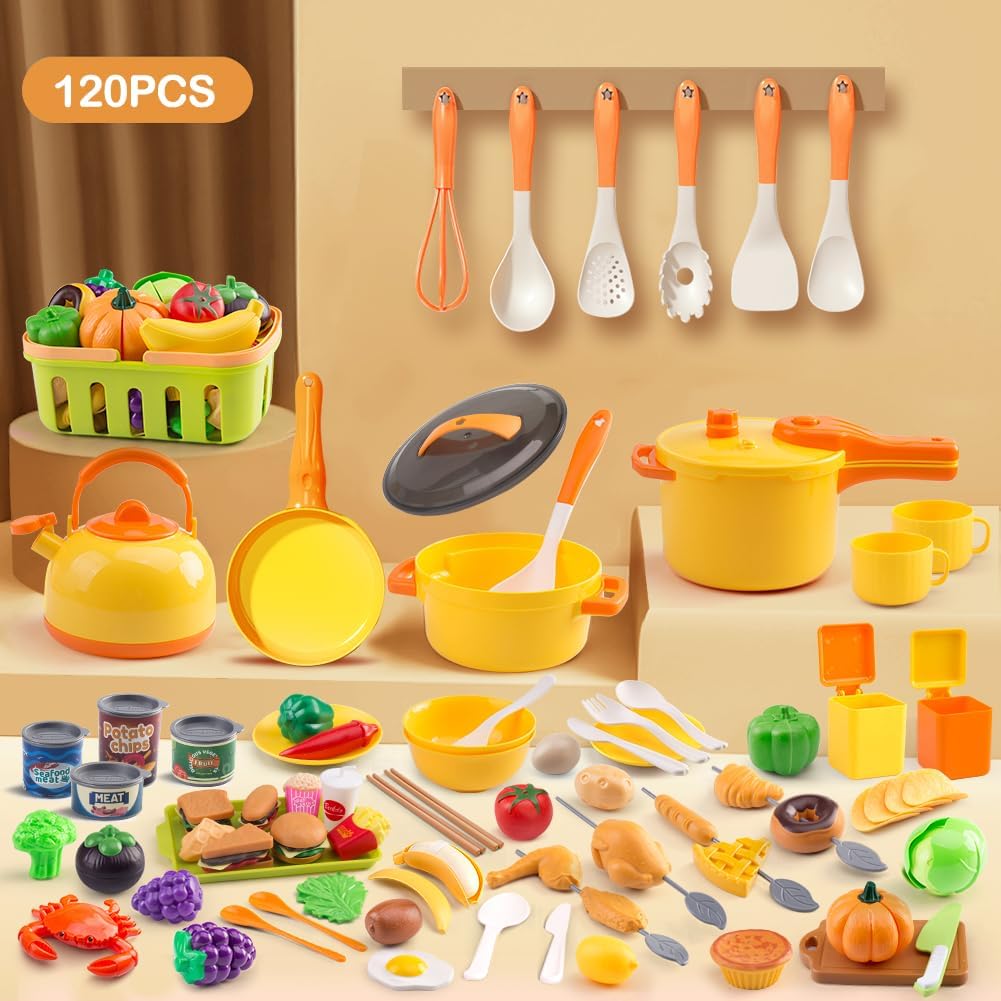 60Pcs Kids Mini Play Kitchen Accessories, Pretend Cooking Play Set with Cookware, Tableware & Fruit & BBQ Sets, Learning Gift for Boys, Girls, Toddlers,Yellow