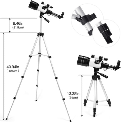 Telescope for Kids & Adults, 70mm Aperture 300mm Telescopes for Astronomy Beginners, 15X-150X Magnification Portable Refractor Telescope with Adjustable Tripod, Phone Adapter
