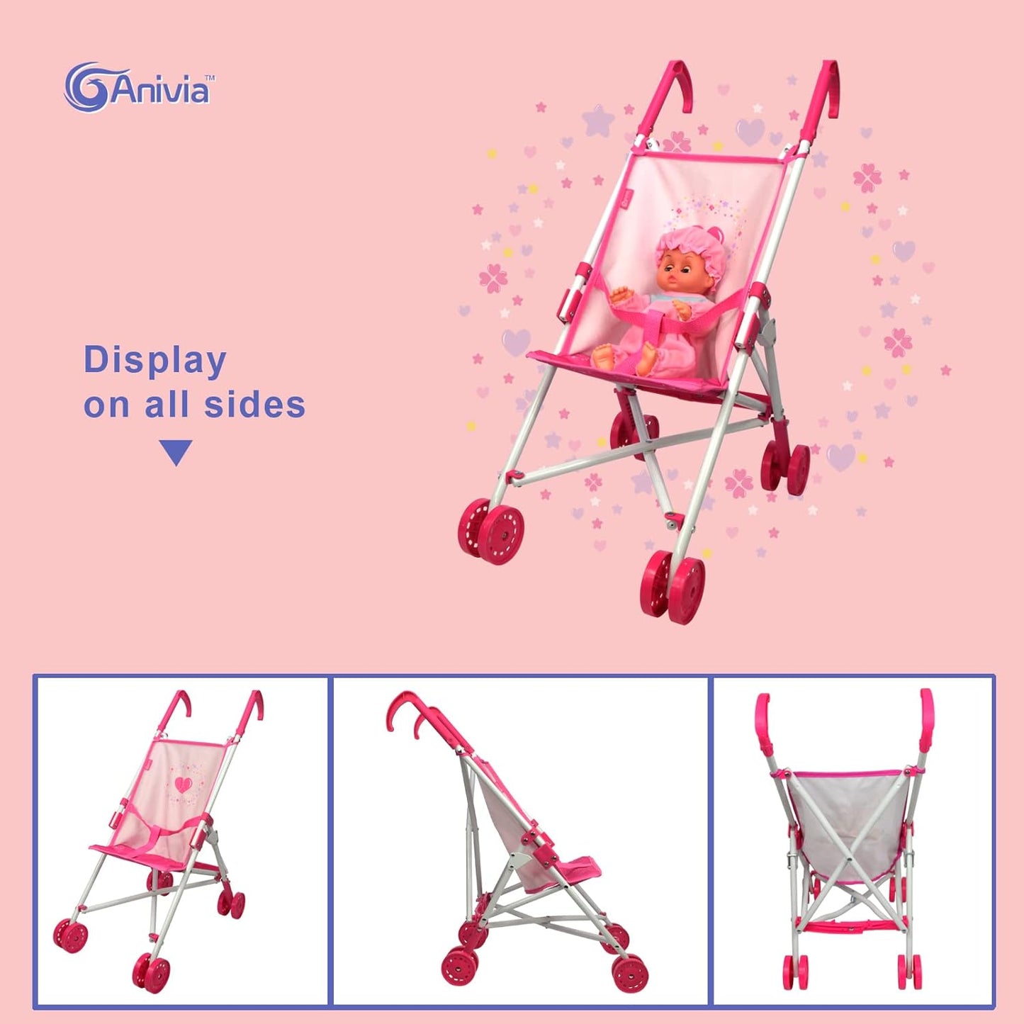 Anivia Stroller Toy Collection Doll Stroller Baby Doll Accessories for Toddlers 1-3Heart Design Gifts for Toddlers and Girls Toy Stroller
