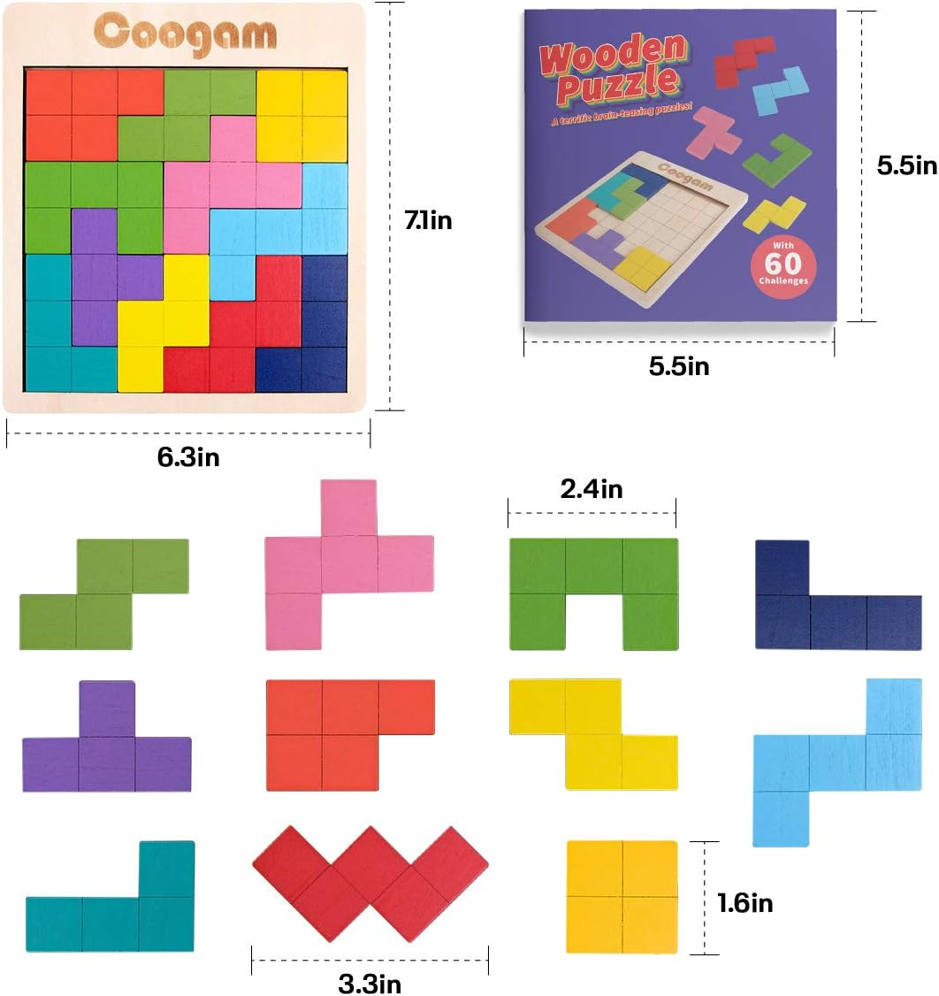 Coogam Wooden Puzzle Pattern Blocks Brain Teasers Game with 60 Challenges, 3D Russian Building Toy Wood Tangram Shape Jigsaw Puzzles Montessori STEM Educational Toys Gift for Kids Adults