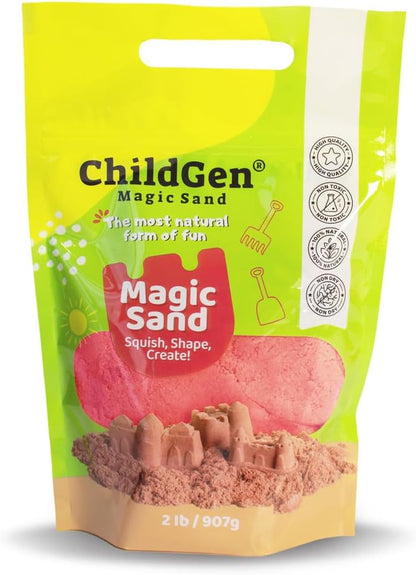 ChildGen Magic Sand, 2lbs Natural Sea Sand in Resealable Bag, Non-Toxic Play Sand for Kids, Soft, Moldable, Mess-Free Sensory Play (Green)