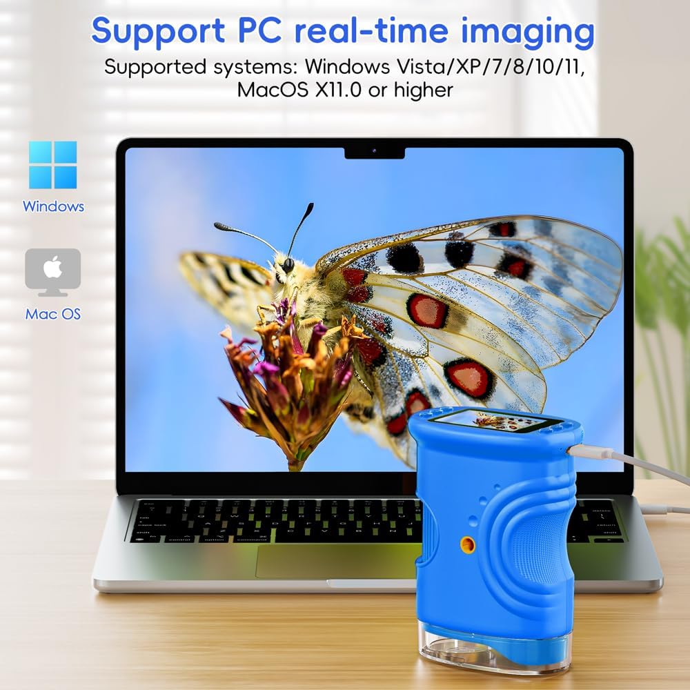 Temodu Kids Microscope 2.0" Screen 1000X Digital Microscope for Kids, Mini Pocket Handheld Microscopes for Children Birthday Festival Gift, Science Education Fun Toys for Boys Girls Ages 4-12 (Blue)