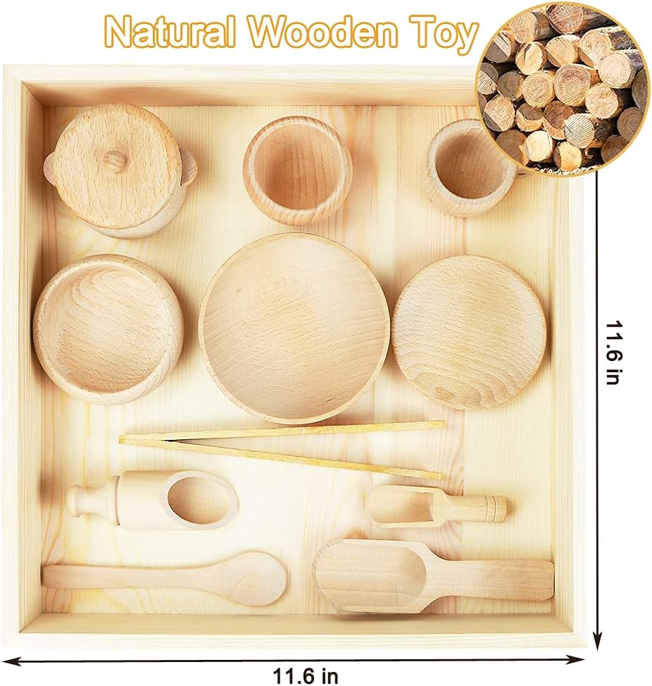 Montessori Sensory Bin Tools: 1 Wooden Box + 11 Sensory Tools for Toddlers & Preschool Children - Fine Motor Learning Pretend Play