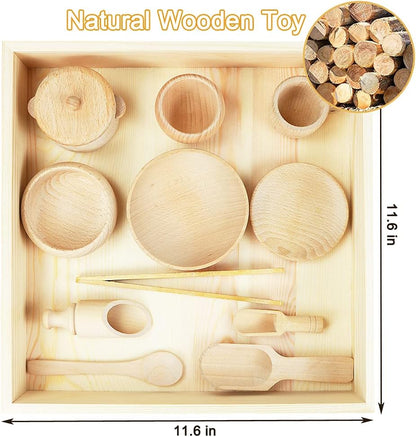 Montessori Sensory Bin Tools: 1 Wooden Box + 11 Sensory Tools for Toddlers & Preschool Children - Fine Motor Learning Pretend Play
