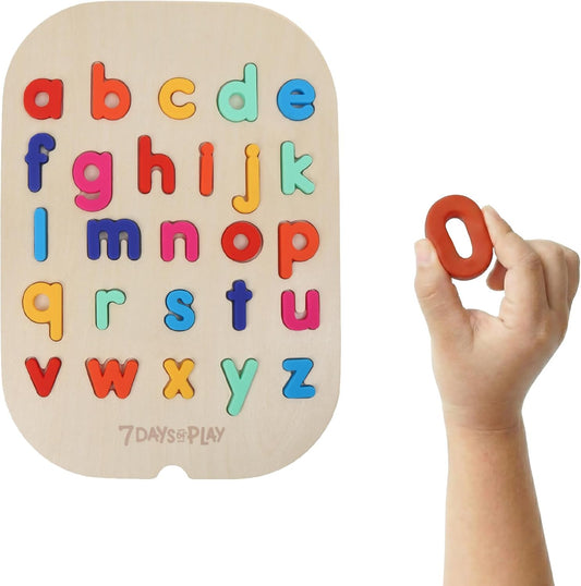 Lowercase Alphabet Puzzle for Kids, Sensory Bin Insert for Sensory Tables, Silicone Letters, Wooden Fine Motor Learning Toy by 7 Days of Play