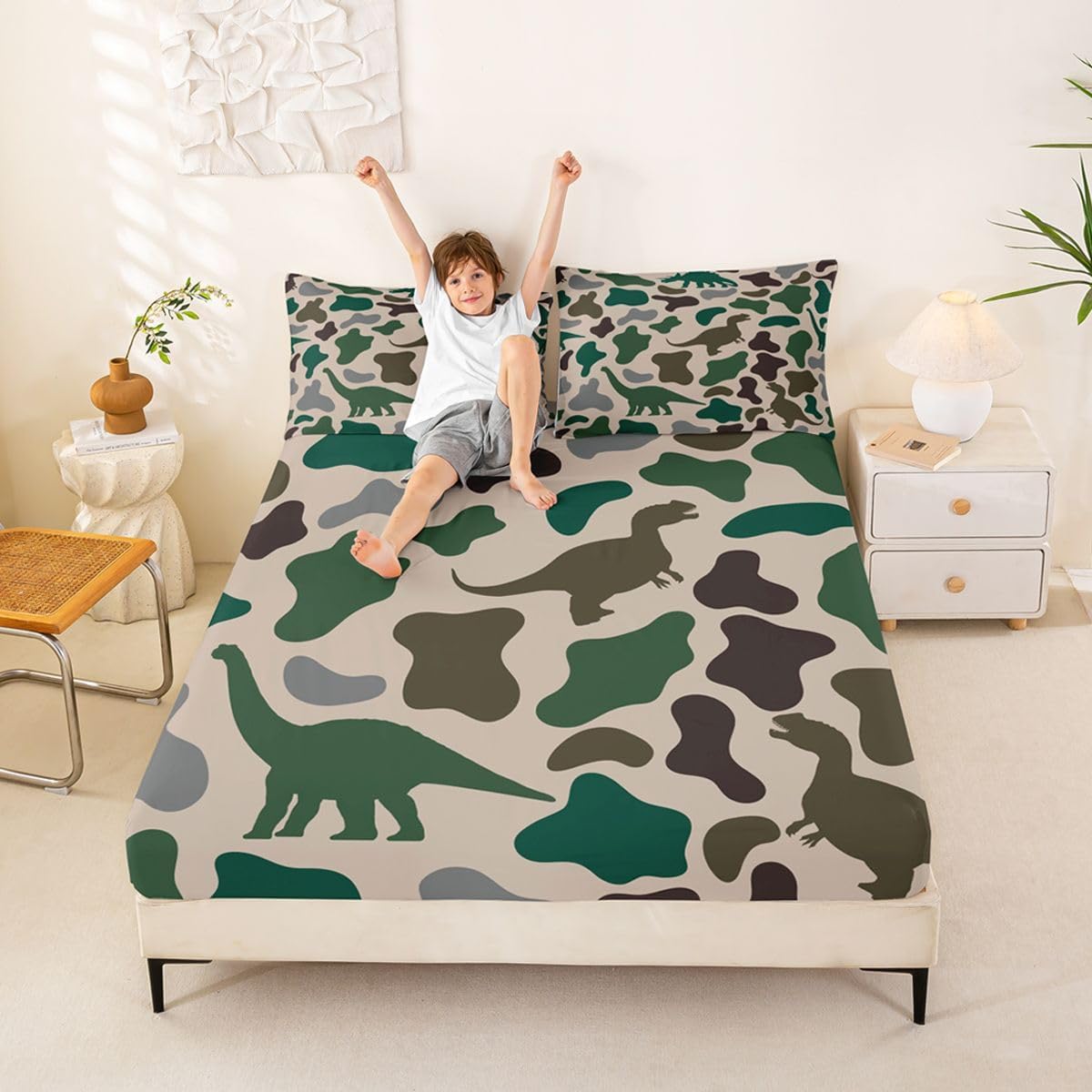 Manfei Musical Kids Fitted Sheet Full Size, MusicalGuitar Radio Drum Kit Headset Print Bedding Set 3pcs for Boys Girls, Rock Music Bed Cover with 2 Pillowcases, Soft Polyester Bedding, No Top Sheet