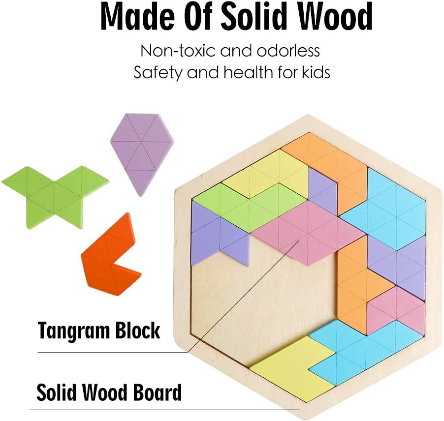 Skrtuan 5 Pack Wooden Puzzles Set - STEM Montessori Educational Board Games and Logic Traning Brain Teaser Geometric Shapes Tangram Puzzle Games for Kids Ages 3+